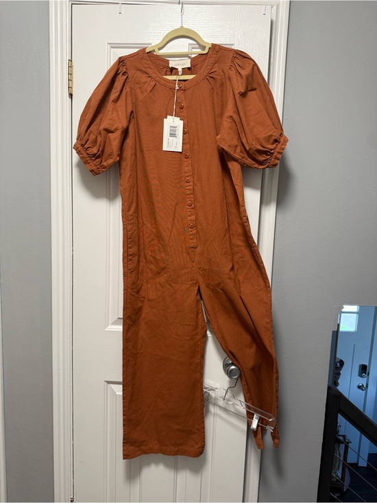 THE GREAT. Pants - THE GREAT. Rust Button-Front Puff Sleeve jumpsuit